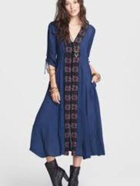Free People Embroidered Midi Dress 4 Blue Boho Festival Renaissance Fairy